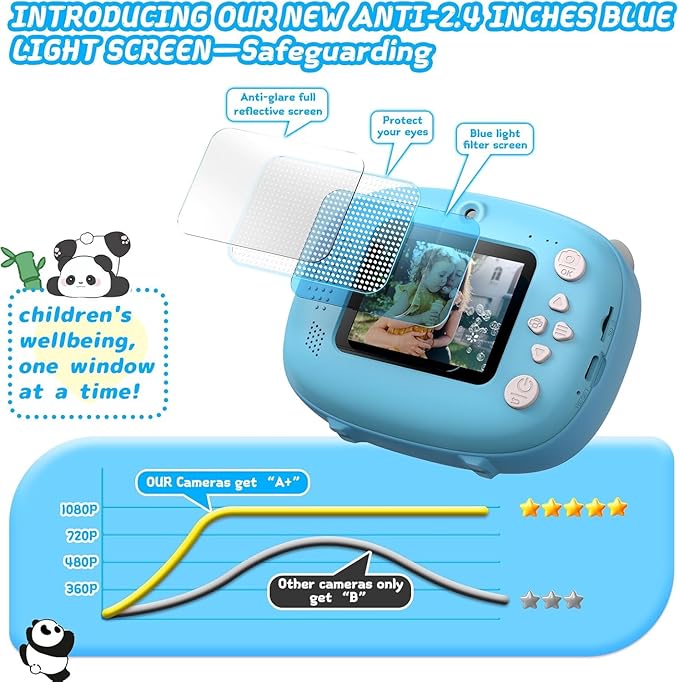Panda Kids Camera Instant Print Photo with 32G Card, 1080P HD Video Instant Cameras Age 3-12, Digital Toddler Camera Toys with Color Pens for DIY 3-12 Year Old Girls Boys Gifts Birthday, Blue