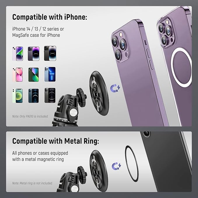 NEEWER Magnetic Phone Tripod Mount Adapter with 1/4" Holes Compatible with iPhone MagSafe Selfie Stick for 15 Pro Max 15 Plus 14 13 12 Pro Max Mini, Phone Holder for Ring Light Video Recording, PA010