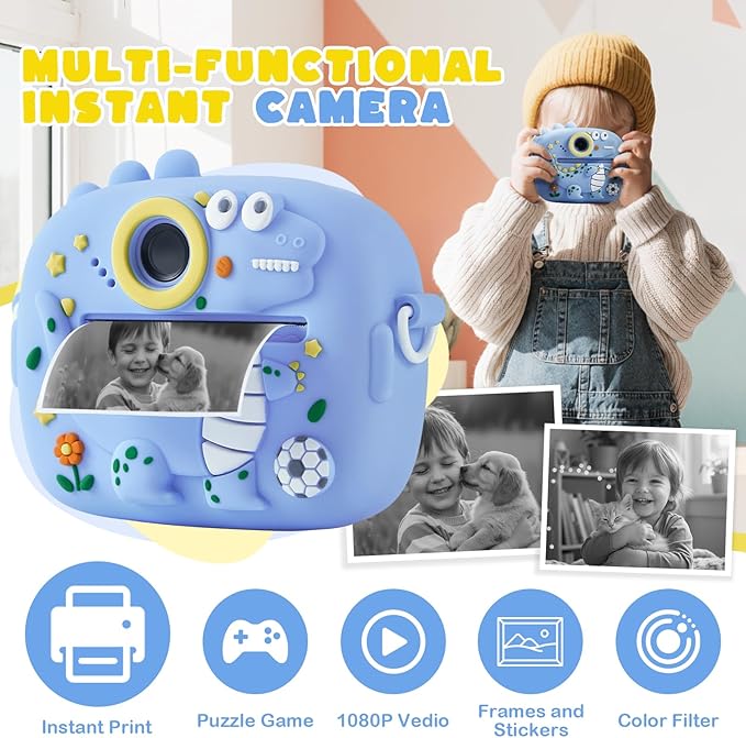 Kids Instant Print Camera with Dinosaur Silicone Cover,1080P HD Digital Video Cameras for Kids with Print Paper & SD Card,Christmas Birthday Gifts for Girls Boys 3-10 Years (Blue)
