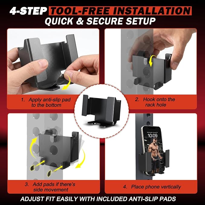 Power Rack Phone Mount, Hook-On Smartphone Holder for 2”×2”/3”×3” Squat Rack Upright, Tool-Free Installation, Vertical & Horizontal Viewing, Fits Phones up to 3.22” Wide