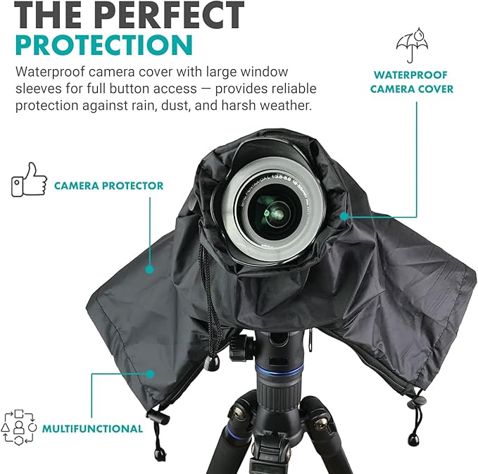 Movo CRC01 Waterproof Nylon Camera Rain Cover with Enclosed Hand Sleeves Compatible with Canon EOS, Nikon, Sony, Olympus, Pentax and Panasonic DSLR Cameras
