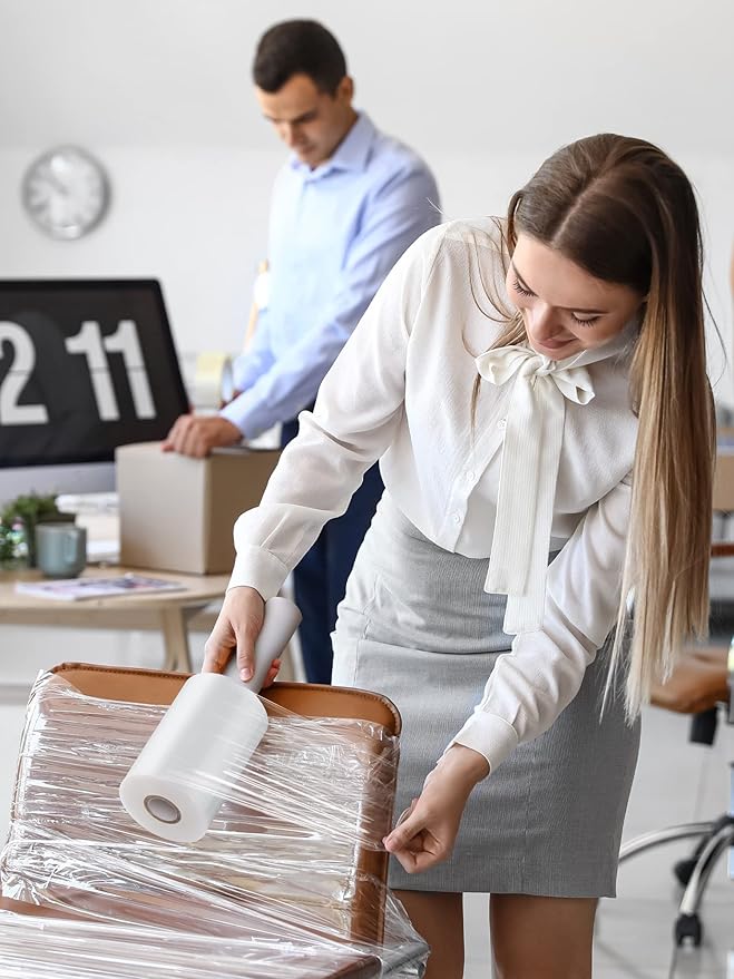 JARLINK 4 Pack Stretch Film, 5" 1000ft Mini Industrial Strength up to 500% Stretch Shrink Wrap with Handles, Thick Durable Self-Adhering Plastic Wrap for Pallet Wrap, Moving, Packing, 60 Gauge