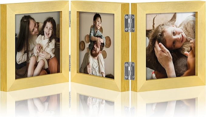 decorUhome Triple 4x4 Picture Frame Vertical, Engineered Wood Trifold Photo Frame with Plexiglass for Tabletop Display, 4x4, Gold