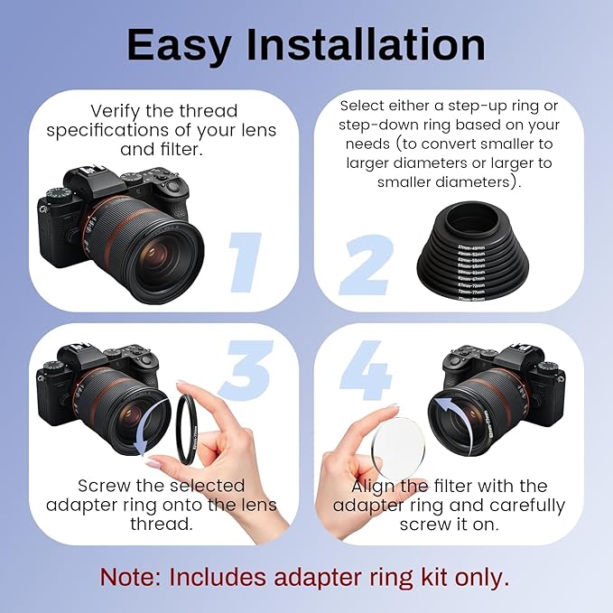 Step Up Ring Adapter Filter, 34mm-37mm Stepping Rings Metal Lens Filter Adapter Ring for DSLR/Mirrorless Cameras 34mm Lens to 37mm UV/CPL/ND Filters & Accessories