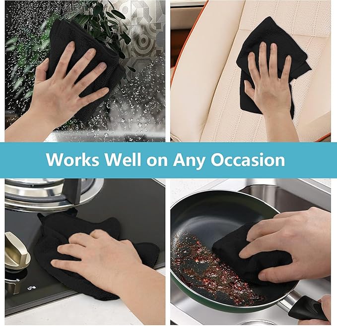 HOMEXCEL Black Microfiber Cleaning Cloth, 5 Pack Cleaning Towels for Kitchen, Lint Free, Scratch-Free, Highly Absorbent, and Reusable Cleaning Rags for House, Window and Glass, Cars, 11.5 X11.5 inch