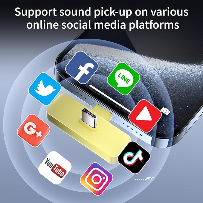 2 Pack Wireless Mini Lavalier Lapel Microphone for iPhone,Android Phone(2 in 1) - 65ft Cordless Clip on Dual Mics with Noise Reduction 6H Working Time for Video Recording Vlogging, YouTube, (Yellow)