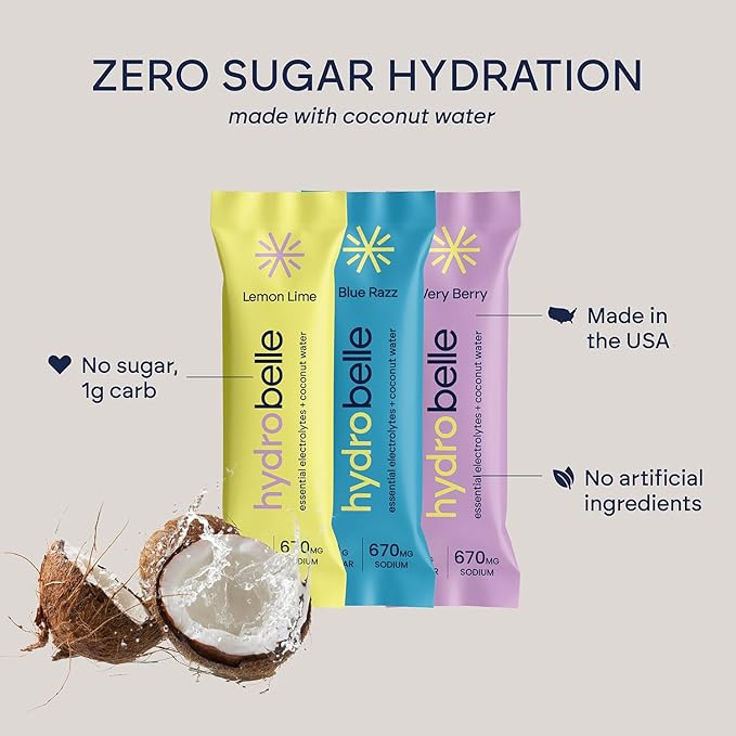 Belle HydroBelle Electrolyte Powder Drink Mix, Variety Pack, Sugar Free Hydration Packets Made with Coconut Water and Electrolytes, Vegan, Keto, and Dairy Free, Travel Friendly, 12 Count