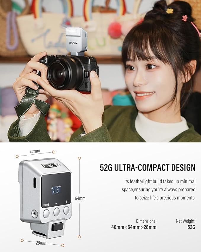 Godox iT22 F Mini Camera Flash for Fujifilm with 7.4V 300mAh Battery Manual/TTL Modes 700+Flashes 1.5s Recycle Hot Shoe Flash with Diffuser/Color Filters Accessories for Fuji Camera (Silver)