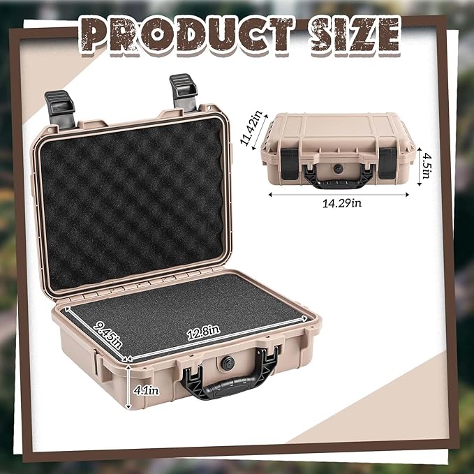 Relaxweex 1 Pcs 14.3 x 11.4 x 4.5 Inch Waterproof Hard Case with DIY Customizable Foam Insert Portable Protective Case with Knife for Camera Drones Equipments Tools Test Instruments (Tan)
