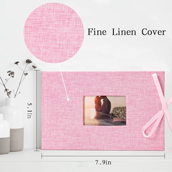 Vienrose Photo Album 4x6 50 Pockets Linen Frame Cover with Memo Areas Photobook Mini Slip-in Picture Book for Wedding Baby Vacation, Pink