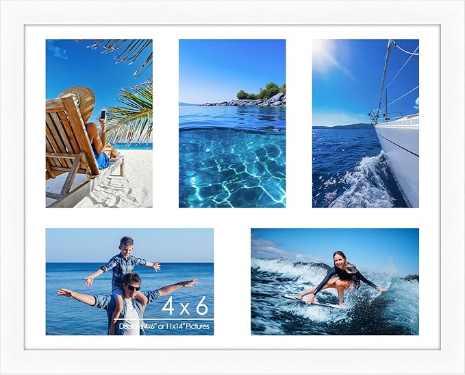 4"x6" Photo Collage Frame 5 Openings, 11"x14" Multi Picture Frame Collage Wall Decor, White Frame with White Mat, Wood