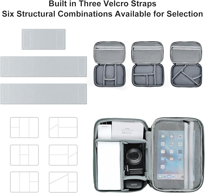 Double Layer Leather Cable Organizer Bag Large Capacity Waterproof Tech Organizer Case for Travel Electronics Accessories Storage Case with Adjustable Divider(Gray&Blue, Double Layer-Small)