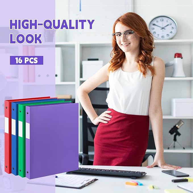 Henoyso 16 Pcs 3 Ring Binder 1/2'' Round Fits Letter Size 8.5'' x 11'' Paper Plastic Flexible Binder Holds 140 Sheets with 1 Pockets Versatile Organizer for Home Office School (Blue Green Purple Red)