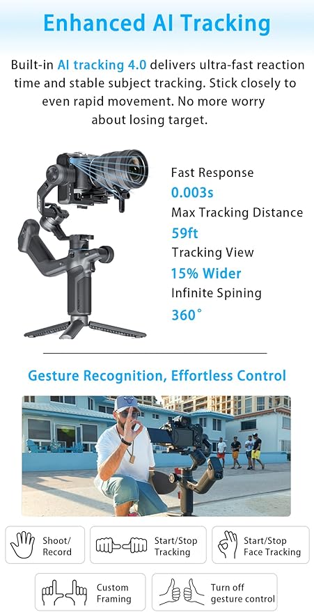 FeiyuTech SCORP Mini 3 Pro [Kit] AI Tracking Camera Stabilizer with Bag+Fill Light+Extension Pole, Detachable Remote Handle, 4.4lbs Payload All in One Gimbal Stabilizer for Camera & Smartphone