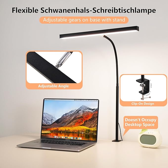 LED Desk Lamp for Office Home, Adjustable Flexible Eye-Caring Desk Light with,5 Modes 10 Brightness Adjustment, USB Adapter Desk Lamp with Clamp-T-B