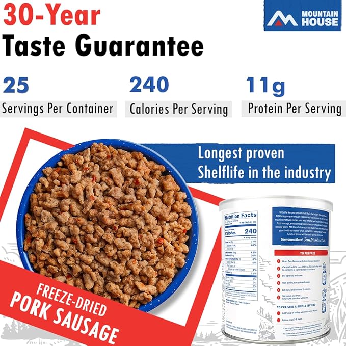 Mountain House Freeze-Dried Pork Sausage #10 Can – 25 Servings per Can – Fully Cooked, Ready-to-Eat Emergency Canned Food Supply – High-Protein Canned Meat for Camping, Hiking, Survival,– 30-Year Taste Guarantee – Made in USA – Pack of 6
