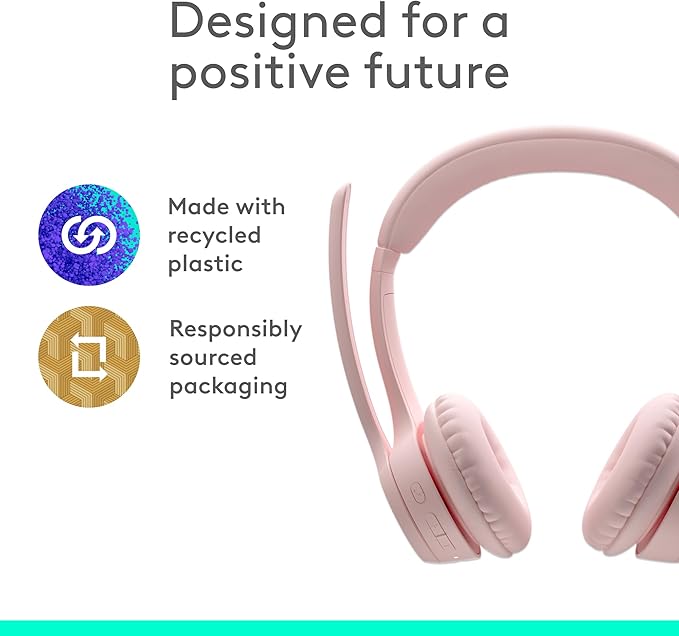 Logitech Zone 300 Wireless Bluetooth Headset with Noise-Canceling Microphone, Compatible with Windows, Mac, Chrome, Linux, iOS, iPadOS, Android – Rose