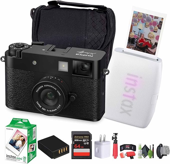 FUJIFILM X Half Premium Compact Digital Camera (Black) Bundle with Fuji Link 3 Smartphone Printer (Clay White) + Instax Mini Film + 64GB Memory Card + Flexible Tripod + Cleaning Kit + More