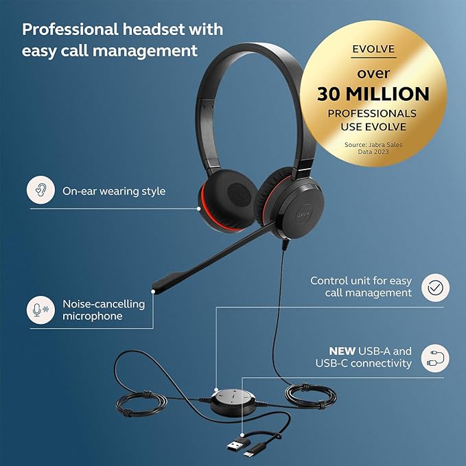 Jabra Evolve 20 SE Wired Dual-Ear Headset with Microphone for Work, USB-A and USB-C Wired Headphones, Microsoft Teams Certified, On-Ear Comfort, Connects to Laptops, iPhone & Android Devices