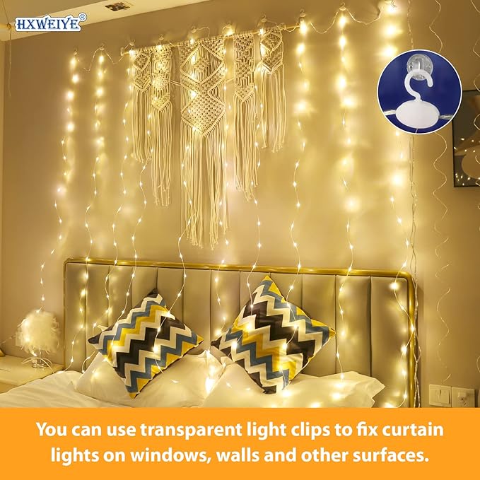 HXWEIYE 300LED Fairy Curtain Lights, 9.8x9.8Ft USB Plug-in 8 Modes Christmas String Hanging Lights with Remote for Bedroom Backdrop Wedding Indoor Wall Decor, Warm White, Tangle-Free – 1 Pack