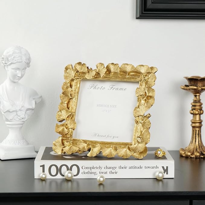 Cuspin 5x5 Picture Frame Vintage Gold Frames, Gold Ornate Leaf Textured Hand-Crafted Resin with Glass Front, Antique Square Photo Frame for Tabletop Display, Retro Design Home Decor