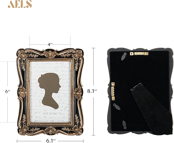 AELS 4x6 Inch Vintage Picture Frame, Elegant Antique Photo Frames with Glass Front, Photo Display, Tabletop Wall Hanging, Gift Ideas, Gold and Black