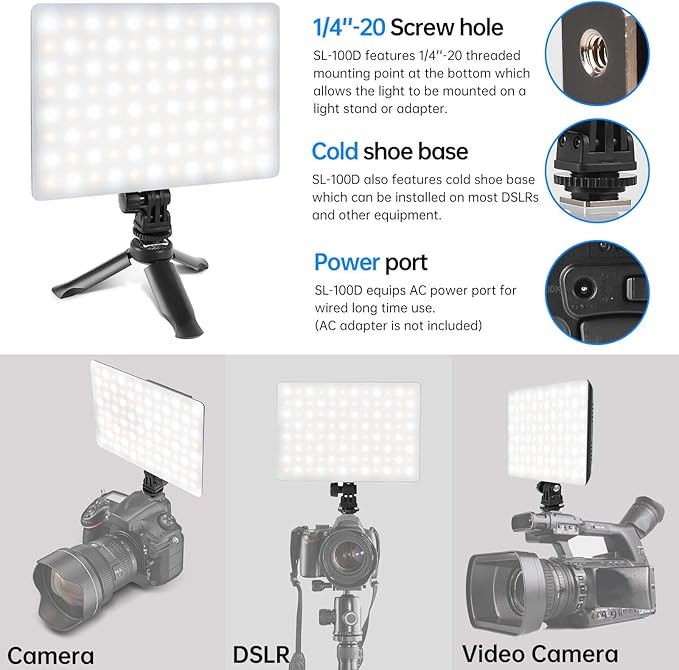 Mettlelite SL100D LED Video Light Bi-Color on Camera Continuous Dimmable Photography Lighting Portable Studio LED Panel 3200K-5600K CRI95+ Ultra Bright Camera Light for Photography and Video Recording