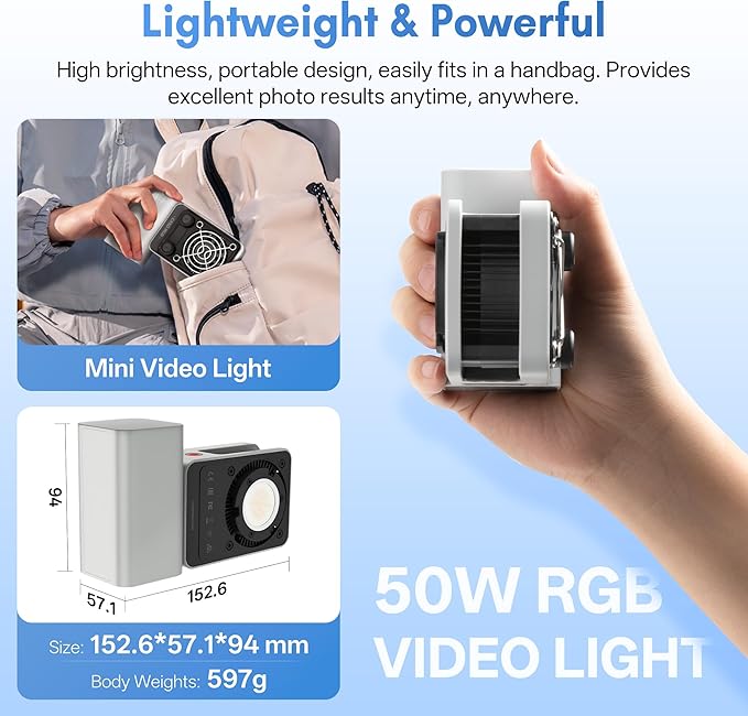 ZHIYUN CINEPEER CX50, 50W RGB Video Light, Full Color 2700K-6500K Portable Camera Light, TLCI/CRI96+, APP Control with Grip Battery, 18 Creative Effects for Video Recording/Portrait Shooting