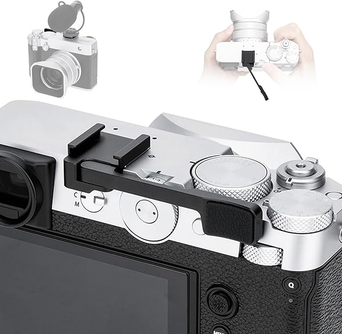 GFX100RF Thumb Grip, Metal 90° Foldable Thumb Up Grip for Fujifilm Fuji GFX100RF GFX 100RF Camera with Built-in Cold Shoe Mount, Hot Shoe Thumb Rest Support Holder Not Affect The Use of Dial - Black