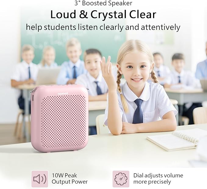 Norwii Bluetooth Voice Amplifier, Power Amplifiers, Portable Mini Wired Microphone Headset for Teacher Classroom & Outdoor Lectures, Teaching, Tour Guides, USB-C Rechargeable - 4000mAh, Pink