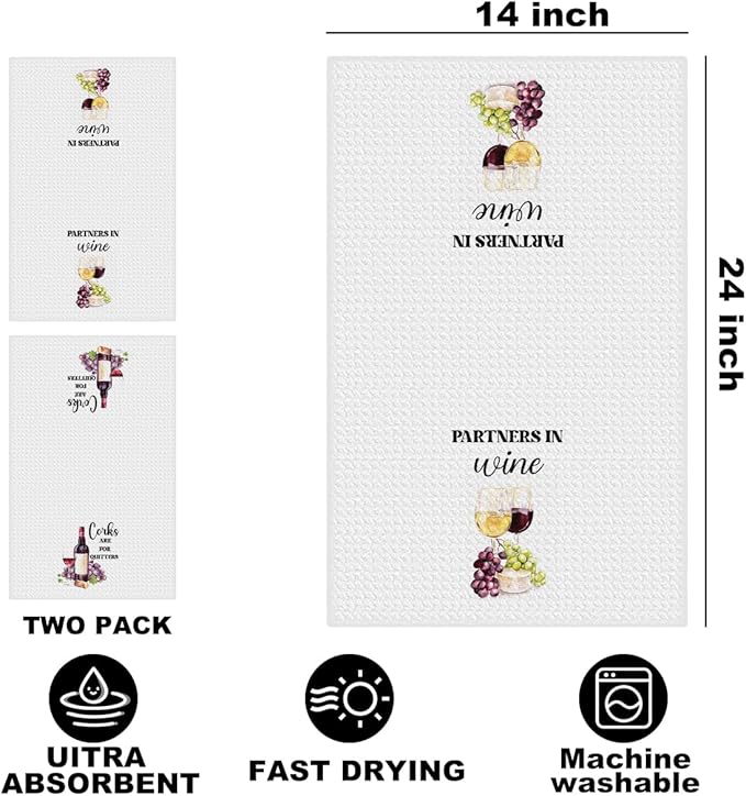 Jztco 2 Pcs Funny Wine Kitchen Towels 24x14 Inch, Wine Glass Grape Waffle Hand Towels for Kitchen Home Bathroom Decor, Absorbent Microfiber Dish Cloth Tea Towel, Housewarming Gifts for Women Friends