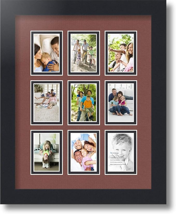 ArtToFrames Collage Photo Frame Double Mat with 9-2x3 Openings with Satin Black Frame and Brique mat.
