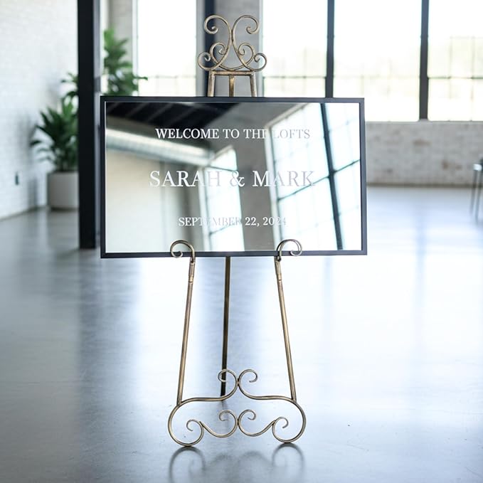 57”H Metal Easel Stand for Sign Rustic, Upgrade Large Free Standing Adjustable Display Scroll Easel Stand, Heavy Duty for Mirror Pictures Wedding Holder Showcasing with Chain Support