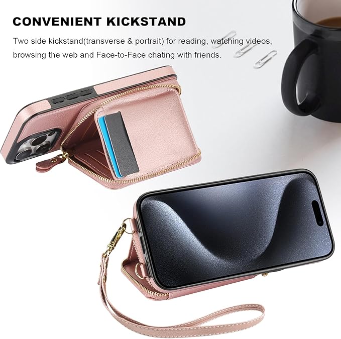 Bocasal RFID Blocking Wallet Case for iPhone 15 Pro Max, Adjustable Crossbody Zipper Purse Case Card Holder with Kickstand Detachable Wrist Strap, PU Leather Flip Folio Case 6.7 Inch 5G (Rose Gold)