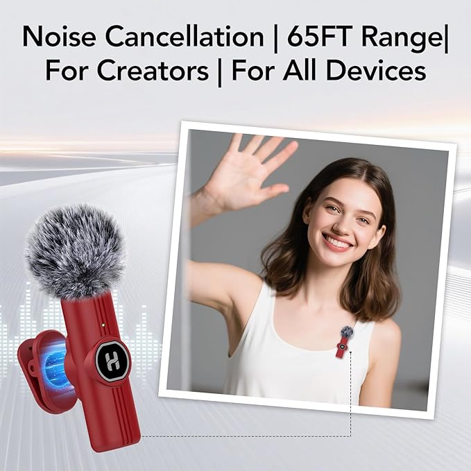 USB C Mini Wireless Lavalier Microphone for iPhone 15 16, iOS and Android Devices - Noise Reduction Lapel Mic for Recording, Clip Omni Lav Mic for Video Recording, Tiktok, YouTube, Vlog (Red)