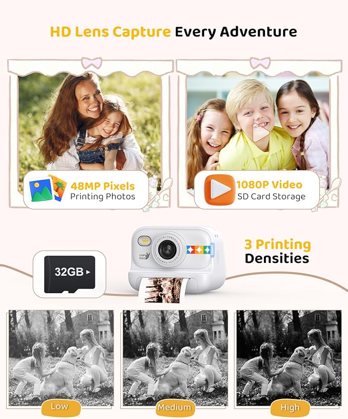 Kids Color Instant Print Camera – Kids Camera with 5 Color Photo Paper, 48MP & 1080P Video, 21 Fun Frames, 32G Card, Christmas/Birthday Gifts for Girls and Boys Ages 3 4 5 6 7 8 9 10 11 12 -White