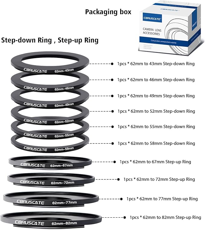 10Pcs 62mm Filter Ring Adapter Set,Filter Metal Stepping Rings for All Brands UV ND CPL (62-43mm,62-46mm,62-49mm,62-52mm,62-55mm,62-58mm,62-67mm,62-72mm,62-77mm,62-82mm)