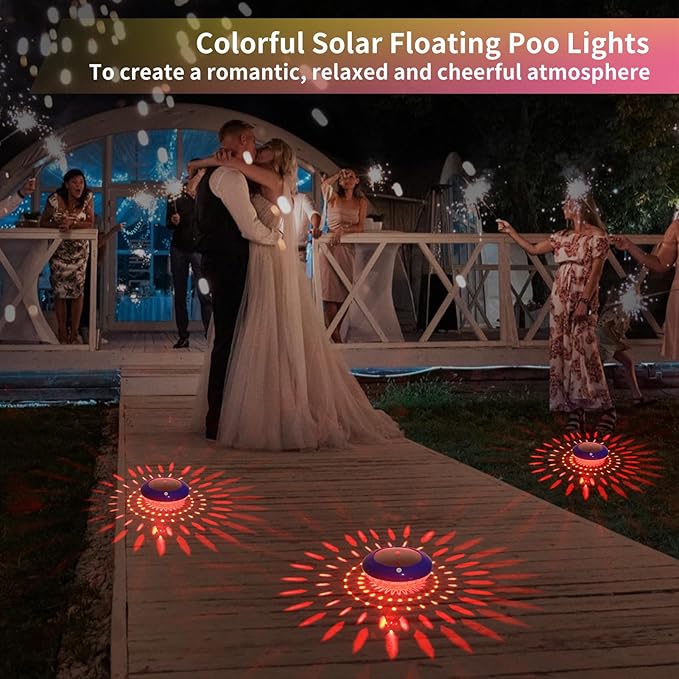 FirstE Solar Floating Pool Lights, RGB Color Changing Pool Floating Light, IP68 Waterproof LED Solar Pool Lights That Float, Hangable Auto ON Off for Above In Ground Pools Wedding Party Decoration (4)