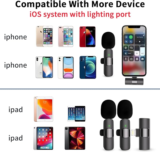 Professional Wireless Lavalier Lapel Microphone for iPhone, iPad, Cordless Omnidirectional Condenser Recording Mic for Video Recording, Live Streaming, Interview Podcast Vlog YouTube Tiktok(2 Pack)