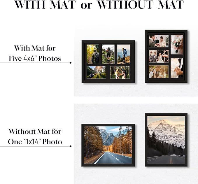 4"x6" Wood Photo Collage Frame 5 Openings, 11"x14" Multi Picture Frame Collage Wall Decor, Brushed Black Frame with Black Mat, Solid Pine Wood