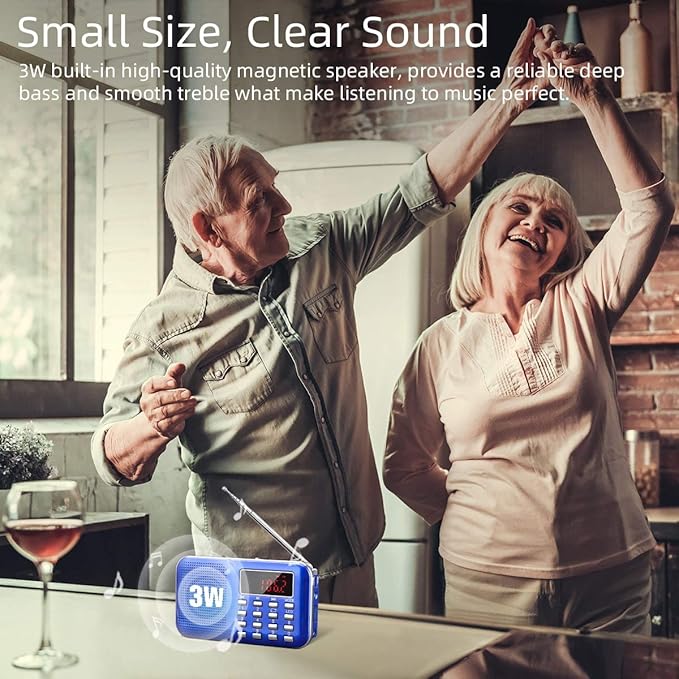 PRUNUS Mini Portable Radio AM FM Pocket Radio with MP3, LED Flashlight, Digital Radio Speaker Support Micro SD/TF Card/USB, Auto Scan Save, 1200mAh Rechargeable Battery Operated[Latest Version]