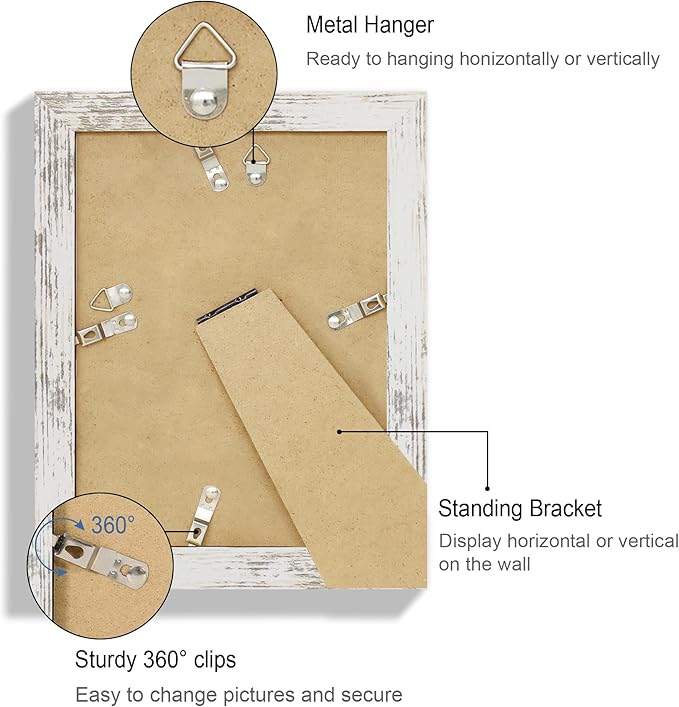 6x8 Picture Frame Set of 4, Made of Real Glass and Distressed White Frame - Display Picture 4x6 with Mat or 6x8 Without Mat, 6 by 8 Photo for Wall or Tabletop