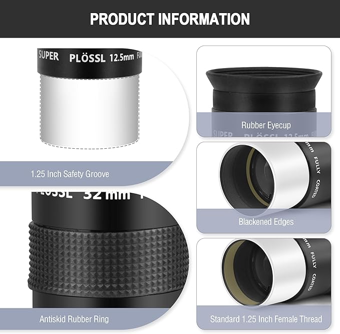 Astromania Telescope Eyepiece Set 1.25 Inch Super Plossl Eyepiece Set 7.5mm 12.5mm 32mm, 5 Element Fully Multi Coated Metal 52 Degree Apparent Field, Telescope Accessory Set for Astronomy Telescope