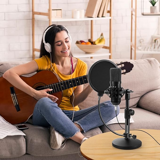 BILIONE Multifunctional Desktop Microphone Stand, Adjustable Mic Stand Desk with Pop Filter, Shock Mount, Microphone Clip, 5/8" to 3/8" Metal Screw Adapter (Pack of 2)