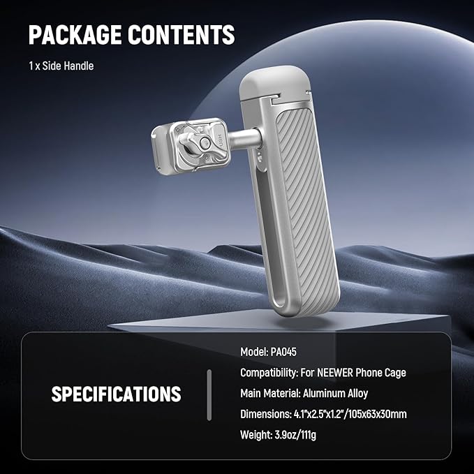 NEEWER Quick Release Side Handle with Anti Off Cold Shoe, 360° Rotation, Nonslip Grid, Compatible with iPhone 16 Pro 16 Pro Max S25 Ultra Phone Cage Accessories, Silver + Gray, PA045