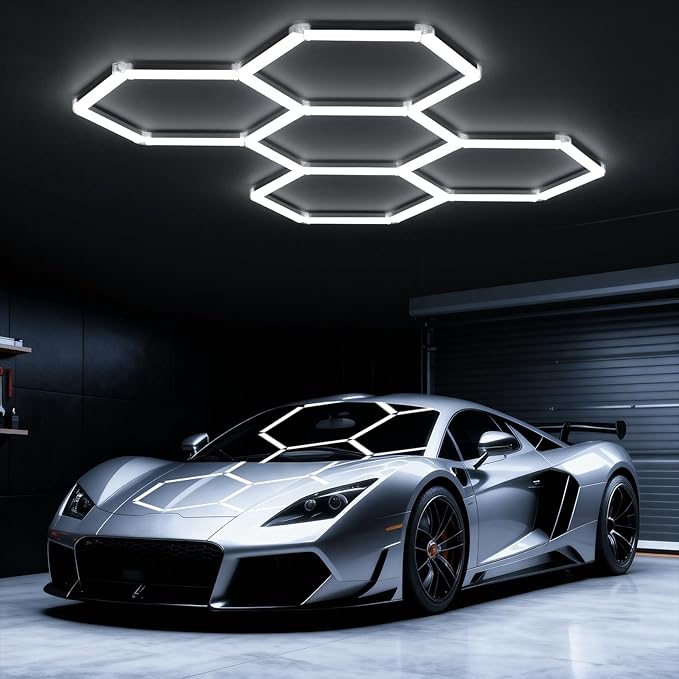 Hexagon Garage Lights: 168W 5 Grids Hexagon Led Lights, 6500K Ultra Bright Hex Light, Honeycomb Light for Garage, Shop, Basement, Barber, Homegym