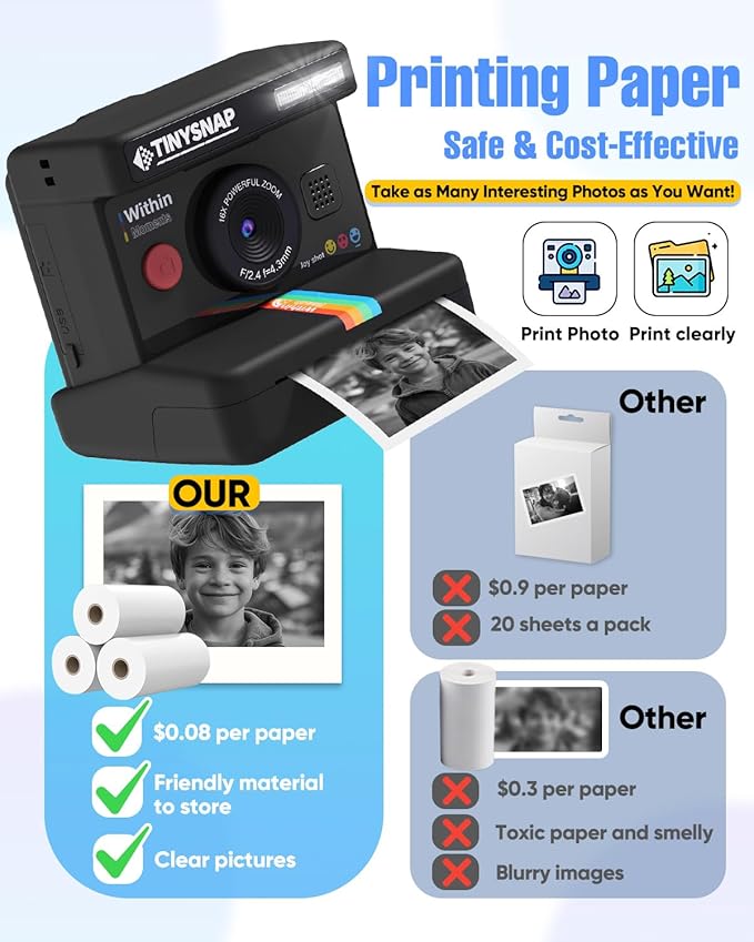 Instant Print Camera for Kids,Dual Len Kids Cameras with 2.4 Inch Screen, Christmas Birthday Gifts for Girls Age 3-12, Portable Toddler Toy for 3 4 5 6 7 8 9 10 Year Old Girls Boys (Black)
