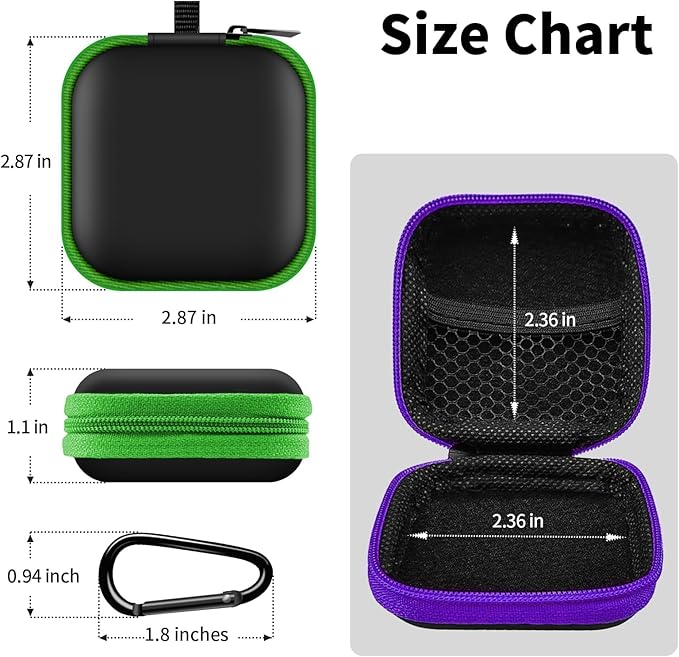 MOLOVA 2Pack Square Earbud Case Portable EVA Carrying Case Storage Bag Cell Phone Accessories Organizer with Carabiner for Earphone, Earbud, Earpieces, SD Memory Card, Camera Chips-Purple/Green