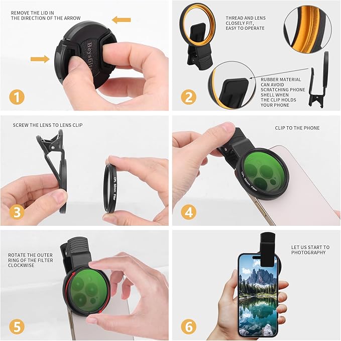 52MM CPL Filter for Phone, Clip-on Circular Polarizing Lens, HD Multi-Coated Optical Glass, Camera Lens Filter Kit Compatible with iPhone 16 15 14, Samsung, Google Pixel and Other Smart Phones