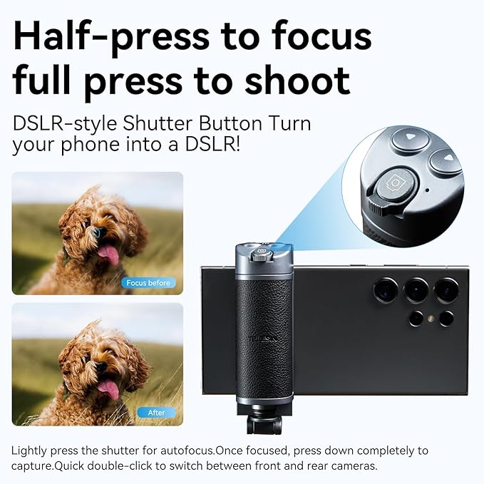 TELESIN Phone Camera Grip for Smartphone, Bluetooth Mobile Phones Handle Holder, Phone Shutter Grip Selfie Stick with Detachable Remote for One-Handed Control for iPhone Samsung Android Video Shooting